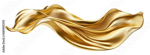 Shiny golden fabric waving in the air, isolated on transparent cutout background