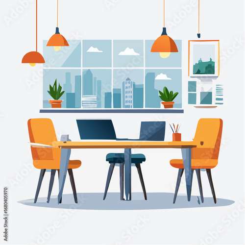 Modern office or co-working space with a large window overlooking a city skyline, featuring a table, chairs, laptops, and potted plants.