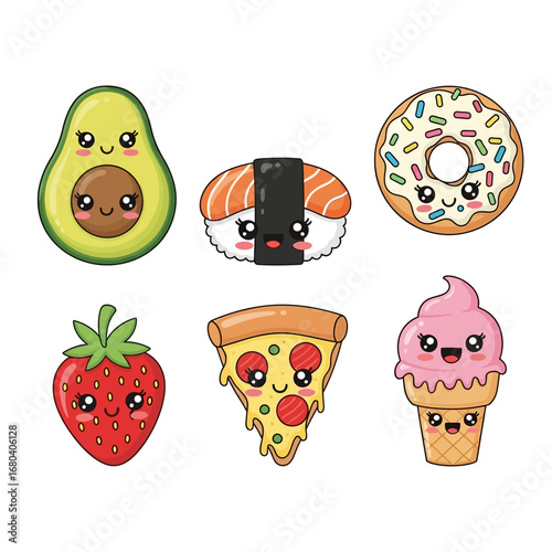 Cute kawaii food cartoon characters: avocado, sushi, donut, strawberry, pizza, ice cream.
