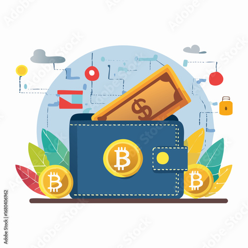 Illustration of a digital wallet holding cryptocurrency and fiat money, surrounded by Bitcoin coins and blockchain network elements.