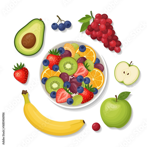 A colorful fruit bowl with various fruits such as avocado, grapes, and strawberries.