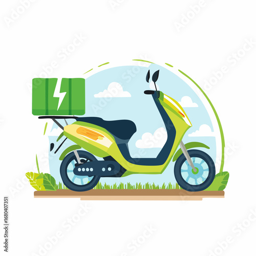 Green electric scooter with a delivery box and lightning bolt symbol, representing eco-friendly urban transport and fast package delivery service.