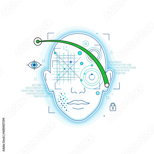 Facial recognition technology scanning a human face with biometric data and security symbols.