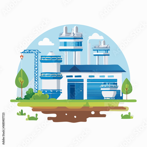 Modern industrial factory complex with multiple buildings, silos, and a crane on a floating island, flat design illustration.