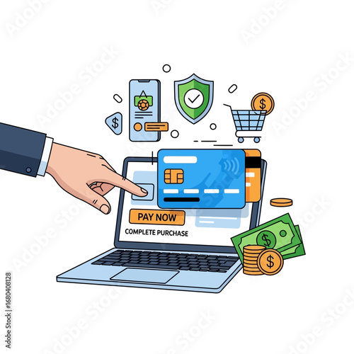 A hand completing an online purchase on a laptop with credit cards, money, and security icons, illustrating secure digital payment.
