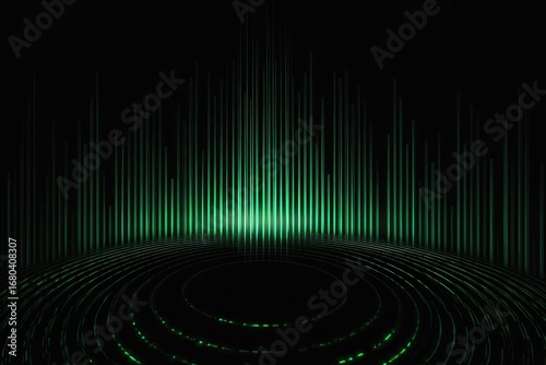 Dark background with green glowing vertical lines and concentric circles