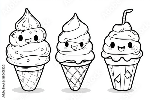 Set of cute kawaii ice cream and sweets coloring pages, black and white vector line art illustrations for kids, simple adorable dessert clipart collection.