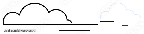 Two minimal clouds with bold and thin outlines, horizontal lines for movement. Ideal for weather, technology, networking, minimal design, environment, digital concepts, simple landing page