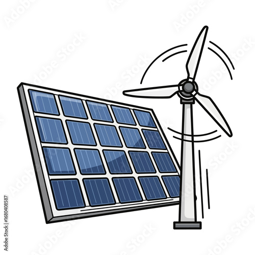 An illustration of renewable energy sources, featuring a solar panel and a wind turbine.
