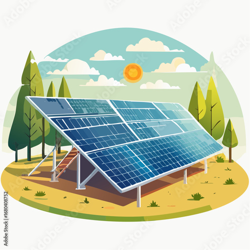 Illustration of solar panels generating clean energy in a sunny outdoor landscape with trees and clouds.