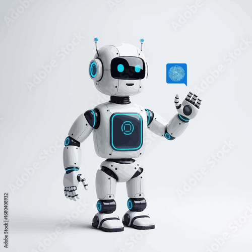 A detailed image of a friendly white robot with blue accents, holding a speech bubble.