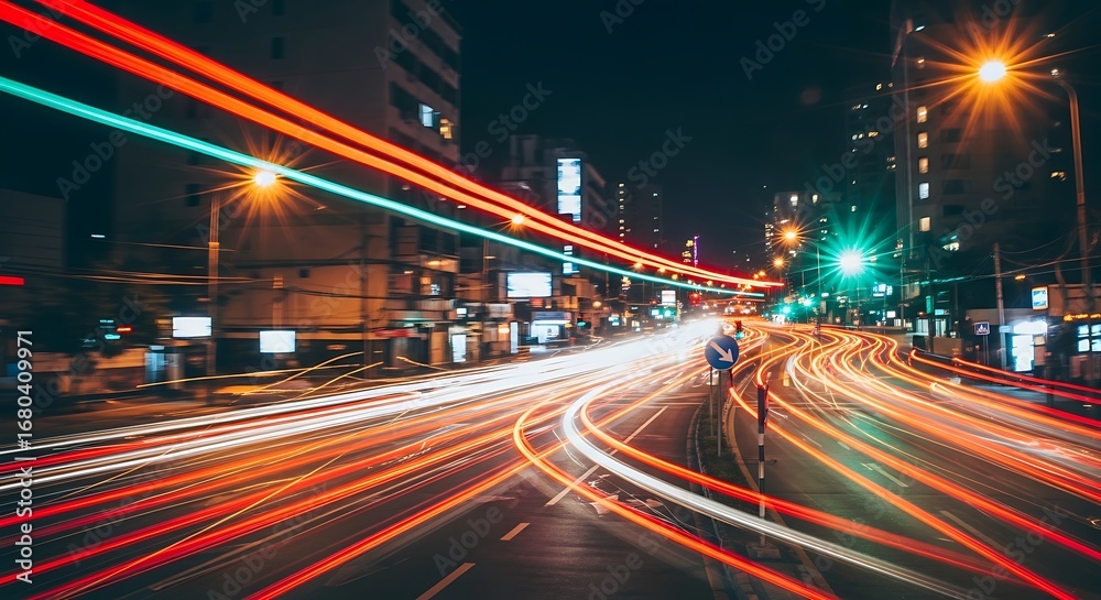 Obraz premium Nighttime City Traffic with Long Exposure, Vivid Urban Lights and Motion Blur Depicting a Dynamic Scene
