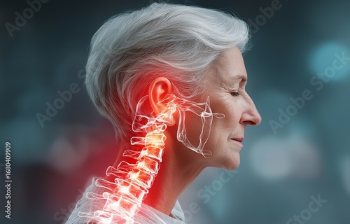 An elderly woman's spine is in excruciating pain, as seen by the crimson spinal column that glows.