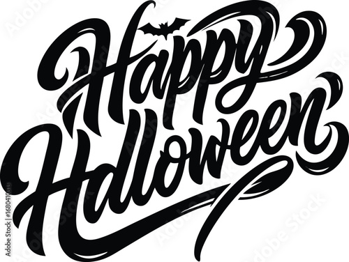 Spooky happy halloween lettering in bold black, featuring a bat accent, ideal for creating eerie holiday greetings and themed decorations