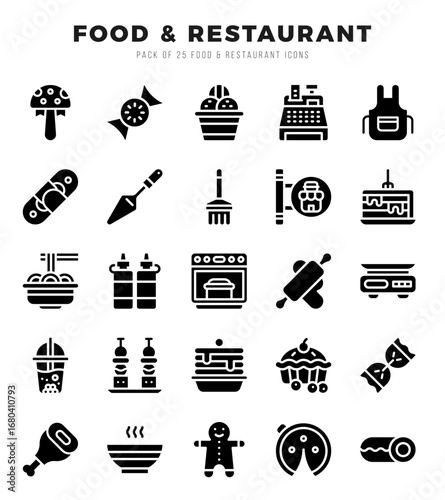Vector Food and Restaurant types icon set in Glyph style. vector illustration.