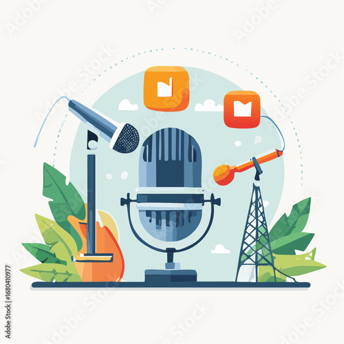 Vector illustration of a central vintage microphone surrounded by music and broadcasting elements like a guitar, radio tower, and other microphones.
