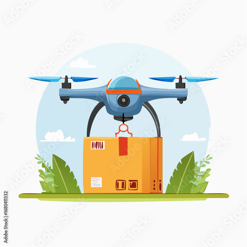 Modern drone delivering a package over a green landscape under a blue sky, representing automated logistics and e-commerce.