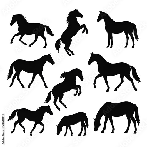 Black Horse Silhouettes Collection – Running, Standing, Rearing, and Grazing Poses on White Background