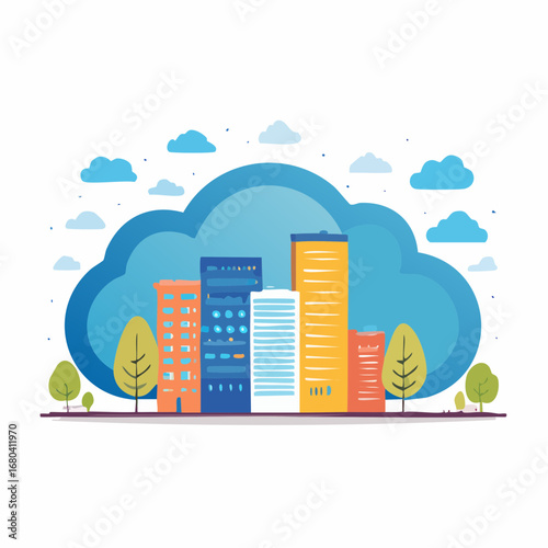 Flat vector illustration of a city skyline with buildings and data centers under a large blue cloud, representing cloud computing services and modern technology infrastructure.