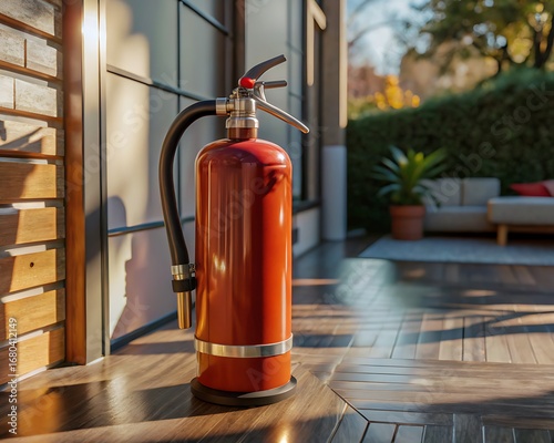 Wallpaper Mural Glossy red fire extinguisher basking in warm sunlight by the doorway, a ready symbol of safety and quick response at home — Extintor rojo brillante bañado por luz cálida junto a la entrada, símbolo li Torontodigital.ca