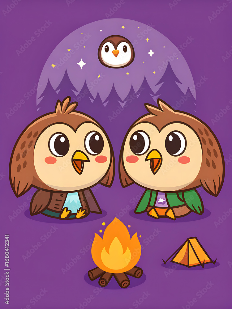 Obraz premium Two wide-eyed owls hovering over kids by a cozy campfire under a purple night, a sweet storybook scene about