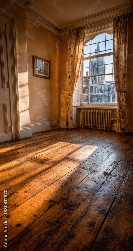 Fototapeta premium Sun-drenched room with old wooden floors and a city view