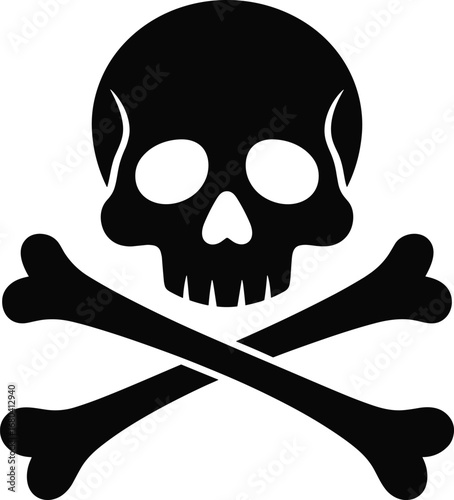 Classic skull and crossbones symbol, pirate flag icon, danger warning sign, poison hazard, black and white vector illustration.