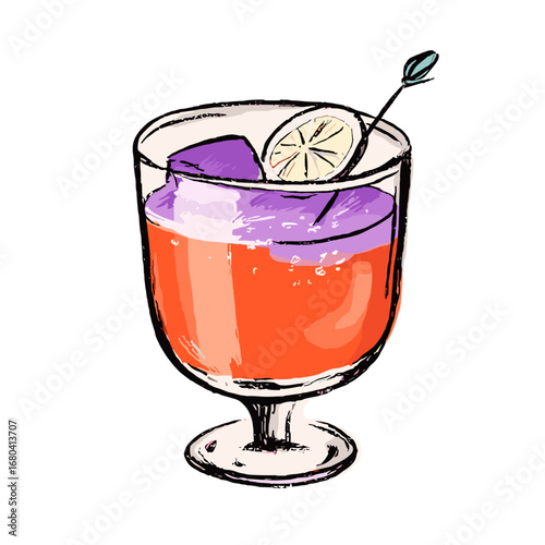 Colorful layered cocktail illustration in a sketchy, hand-drawn style. Alcoholic beverage with lemon garnish and ice, isolated on a transparent background.