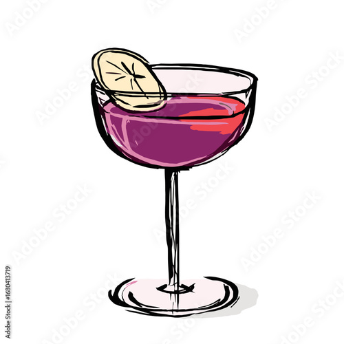 Hand-drawn illustration of a purple cocktail in a coupe glass. Sketchy alcoholic beverage with a lemon slice garnish, isolated on a transparent background.