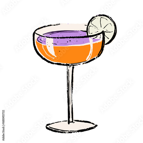 Hand-drawn illustration of a colorful layered cocktail in a coupe glass. Sketchy orange and purple drink with a lime garnish, isolated on a transparent background.