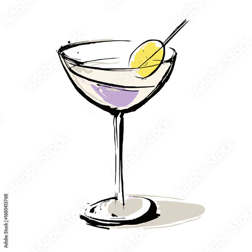 Stylish hand-drawn illustration of a classic cocktail in a coupe glass. Elegant martini with a lemon twist garnish, isolated on a transparent background.