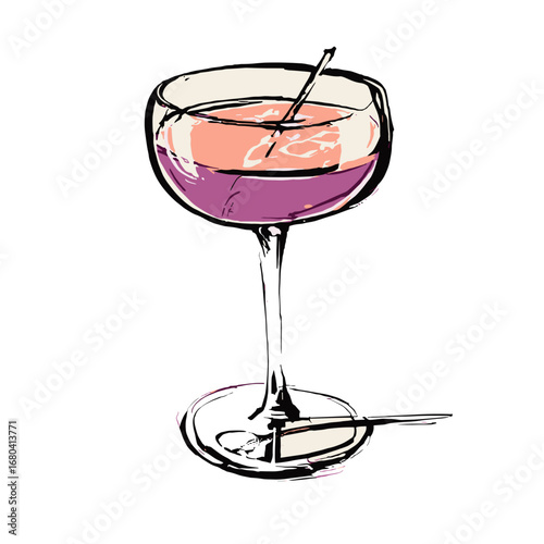 Hand-drawn artistic sketch of a colorful cocktail in a coupe glass. Isolated vector illustration of a purple and pink alcoholic drink for a bar menu.