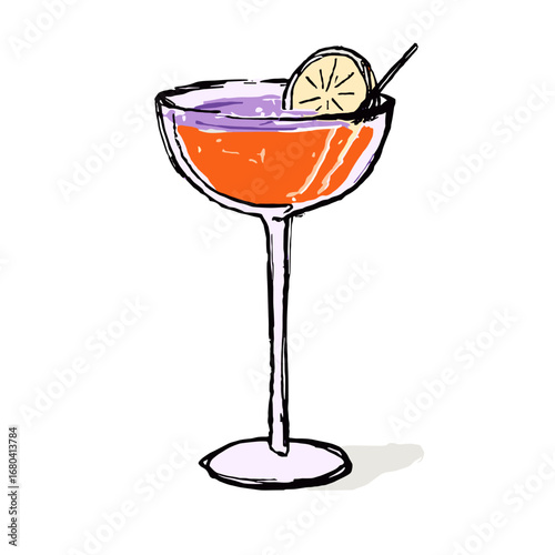 Hand-drawn sketch illustration of a colorful orange and purple cocktail in a coupe glass. Refreshing alcoholic beverage with a lemon slice garnish.