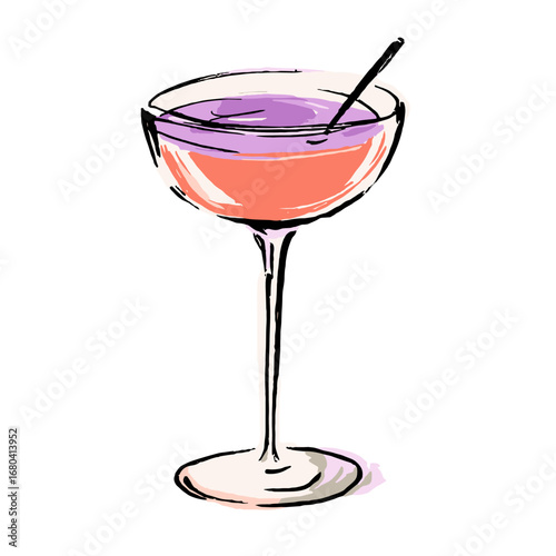 Hand-drawn illustration of a colorful layered cocktail in a coupe glass. Sketchy artistic drawing of a pink and purple alcoholic beverage.