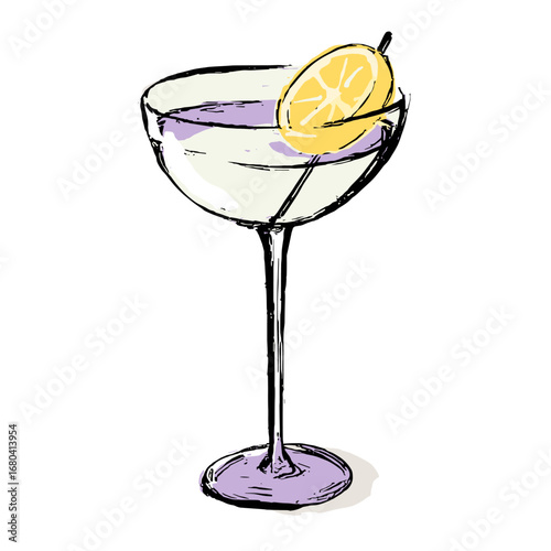 Hand drawn illustration of a classic cocktail in a coupe glass. Sketchy drawing of an elegant alcoholic beverage with a lemon garnish.