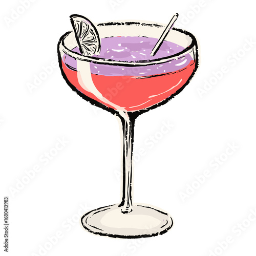 Hand-drawn illustration of a colorful layered cocktail in a coupe glass. Festive alcoholic beverage with a lime garnish, isolated on a transparent background.