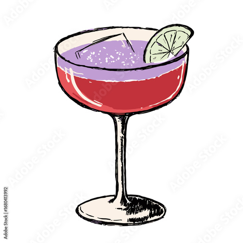 Hand-drawn illustration of a colorful layered cocktail in a coupe glass. Sketchy red and purple alcoholic drink with ice and a lime garnish.