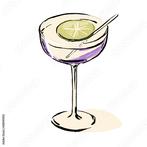 Hand-drawn illustration of a classic cocktail in a coupe glass. Sketchy artistic rendering of a mixed drink with a lime garnish and straw.