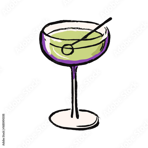 Hand-drawn illustration of a green cocktail in a coupe glass. Sketchy, vintage-style alcoholic beverage with a purple rim and stirrer, isolated on a transparent background.