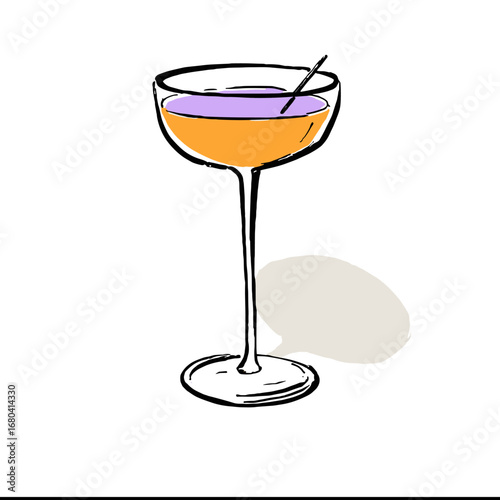 Hand-drawn illustration of a colorful cocktail in a coupe glass. Minimalist sketch of an alcoholic beverage with a stirrer on a transparent background.