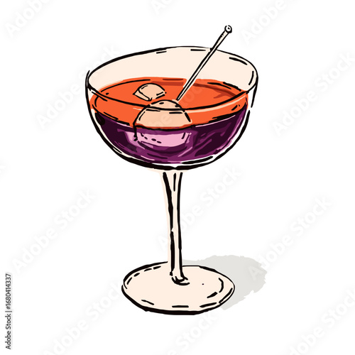 Hand-drawn illustration of a colorful layered cocktail. Sketchy style alcoholic beverage in a coupe glass with ice and a stirrer on a transparent background.