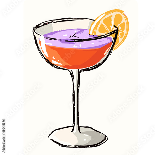Hand-drawn illustration of a colorful layered cocktail. Sketchy art of a vibrant orange and purple drink with a citrus garnish in a coupe glass.