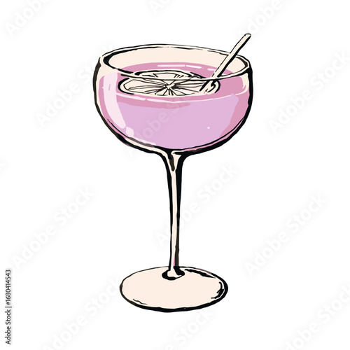Pink cocktail in a coupe glass with a citrus slice garnish. Hand-drawn vector illustration of an alcoholic beverage on a transparent background.