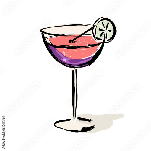 Hand-drawn sketch illustration of a colorful pink and purple cocktail in a coupe glass with a lime garnish. Artistic alcoholic beverage on a transparent background.