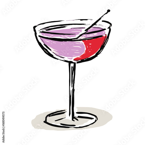 Hand drawn sketch illustration of a colorful pink and red cocktail in a coupe glass. Artistic vector drawing of a celebratory alcoholic beverage with a stirrer.
