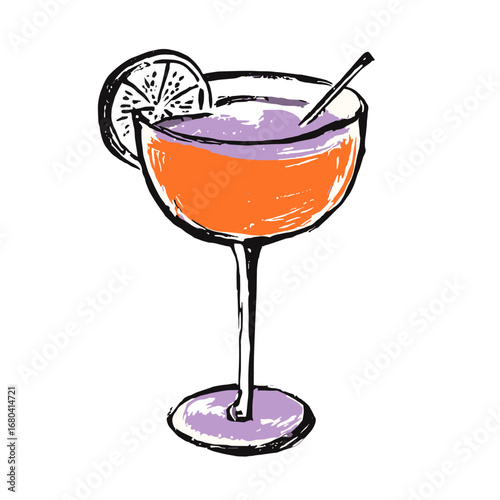 Hand-drawn illustration of a colorful cocktail in a coupe glass. Sketchy alcoholic beverage with a lime garnish isolated on a transparent background.