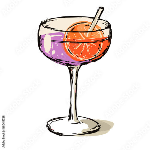 Hand-drawn illustration of a colorful cocktail in a coupe glass. Sketchy vintage style purple and orange summer drink with a citrus slice garnish.
