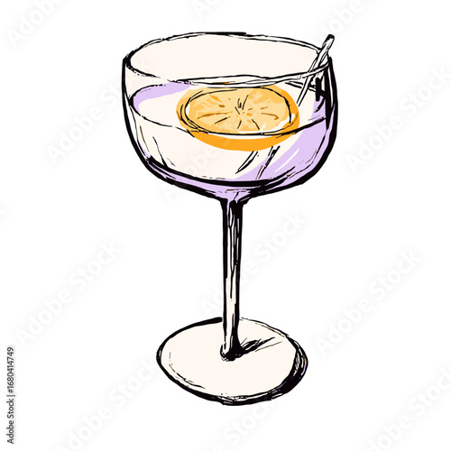 Hand-drawn illustration of a classic cocktail in a coupe glass. Sketchy vector art of an alcoholic beverage with a lemon slice garnish on a transparent background.