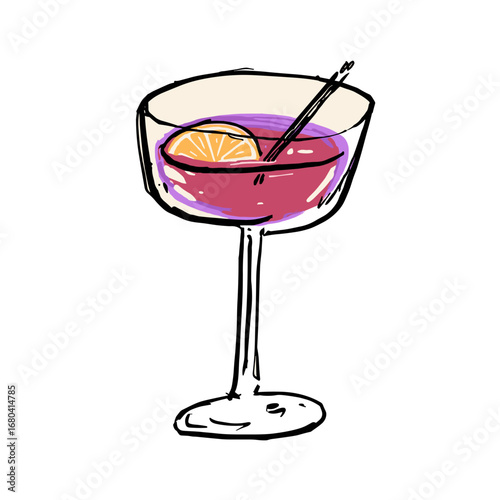 Hand-drawn sketch of a red cocktail in a coupe glass. Colorful alcoholic beverage illustration with an orange slice garnish and a stirrer.