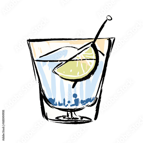 Hand-drawn illustration of a refreshing cocktail with a lime wedge. Sketchy gin and tonic in a glass with ice and a stirrer on a transparent background.